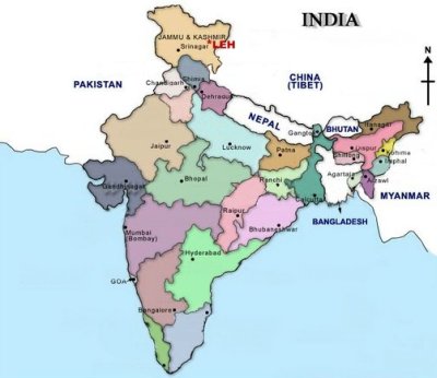 Mapa Indie s vyznačenou oblastí Kašmíru